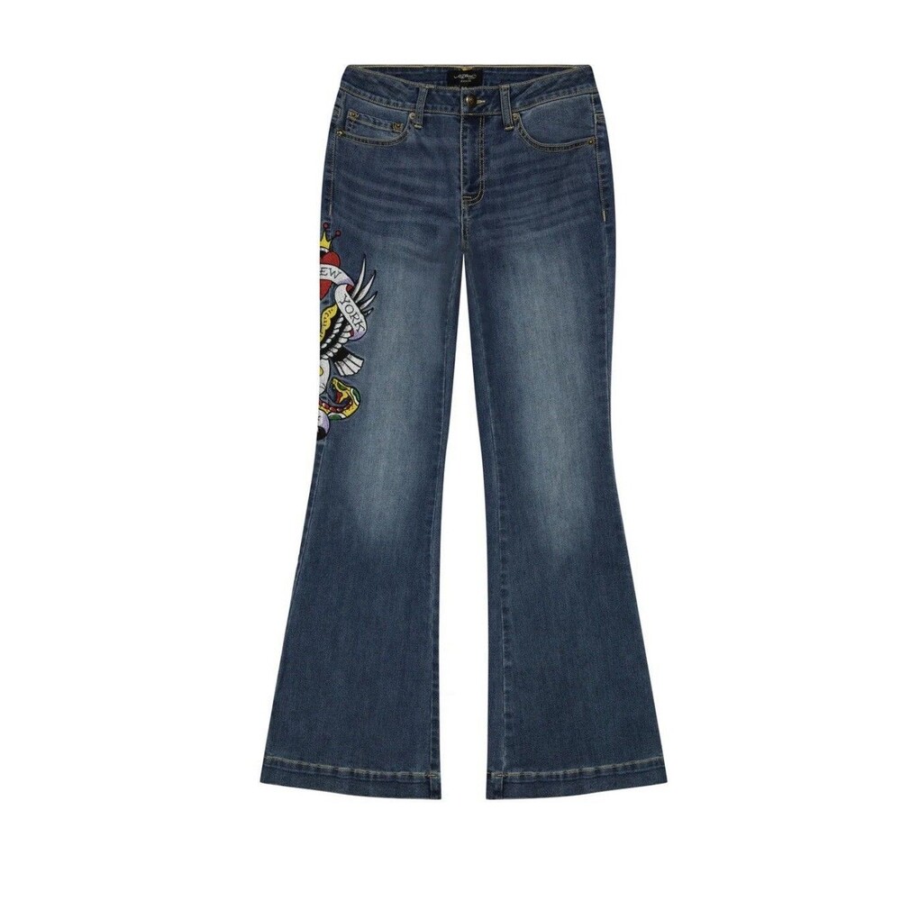 Ed Hardy Women Flare Jeans 28 NWT New York City Skull Eagle Embroidered Y2KDenim - Picture 2 of 14